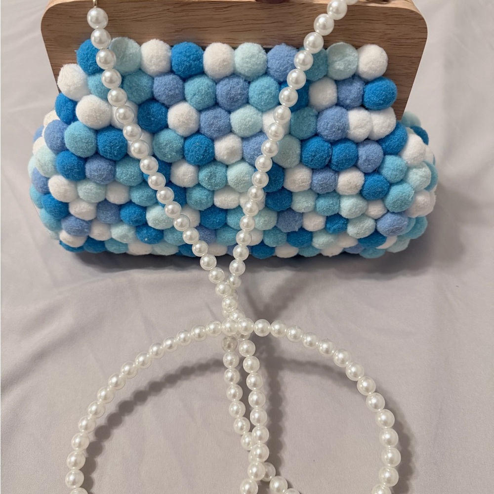 Blue‎ White Pom Pom Wooden Frame Clutch Faux Pearl Strap Crossbody Bag Kids